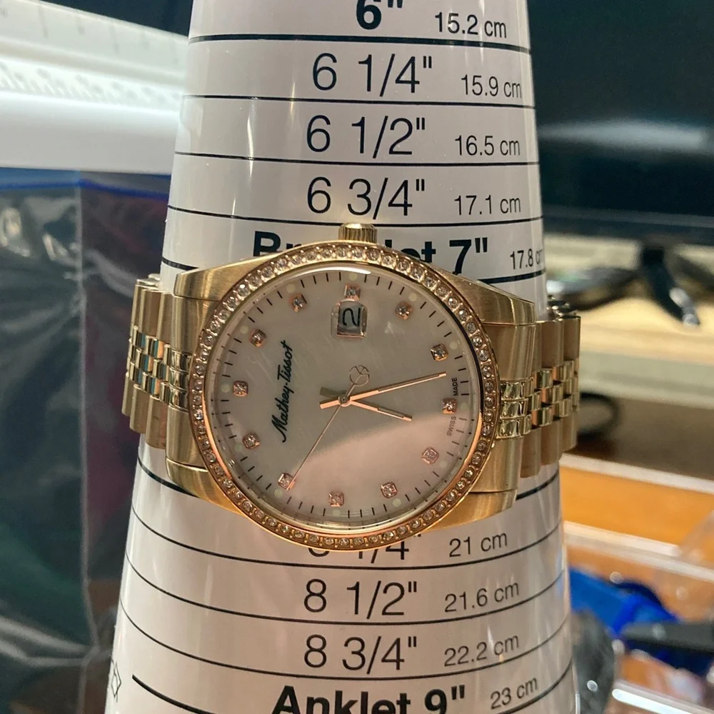 Mathey Tissot H709 rose gold tone, white textured dial, new battery, stainless